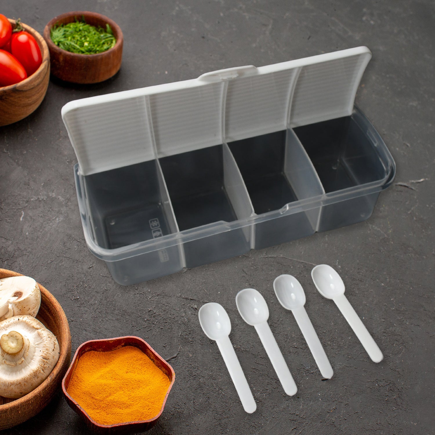 8263 Kitchen Multipurpose Air-tight 4 Sections Storage Containers / Masala Box Pickle (Achar) Jar with 4 spoon for each section (1 Pc / Mix Color) 8263 Kitchen Multipurpose Air-tight 4 Sections Storage Containers / Masala Box Pickle (Achar) Jar with 4 spoon for each section (1 Pc / Mix Color)